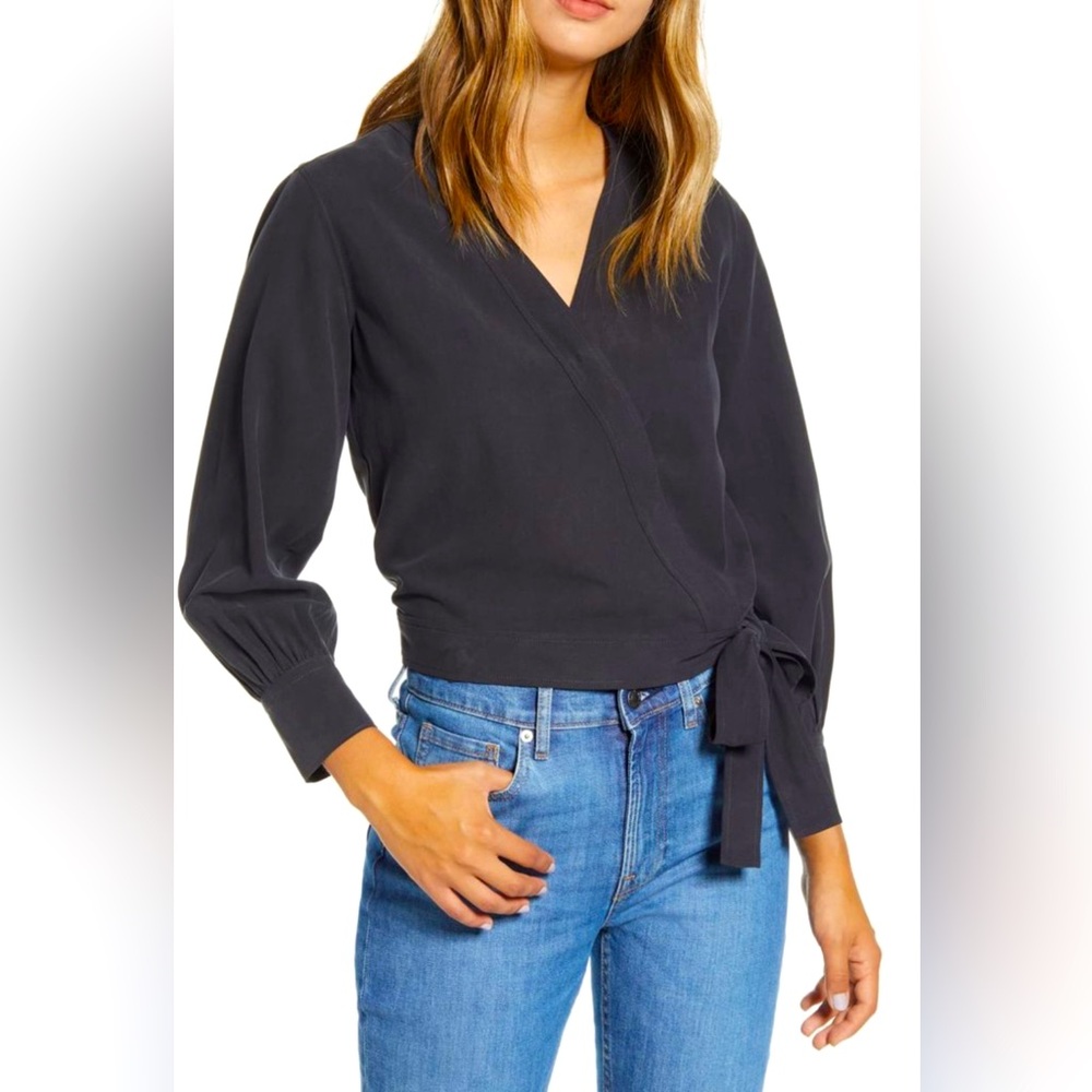 Everlane washable, black silk wrap shirt